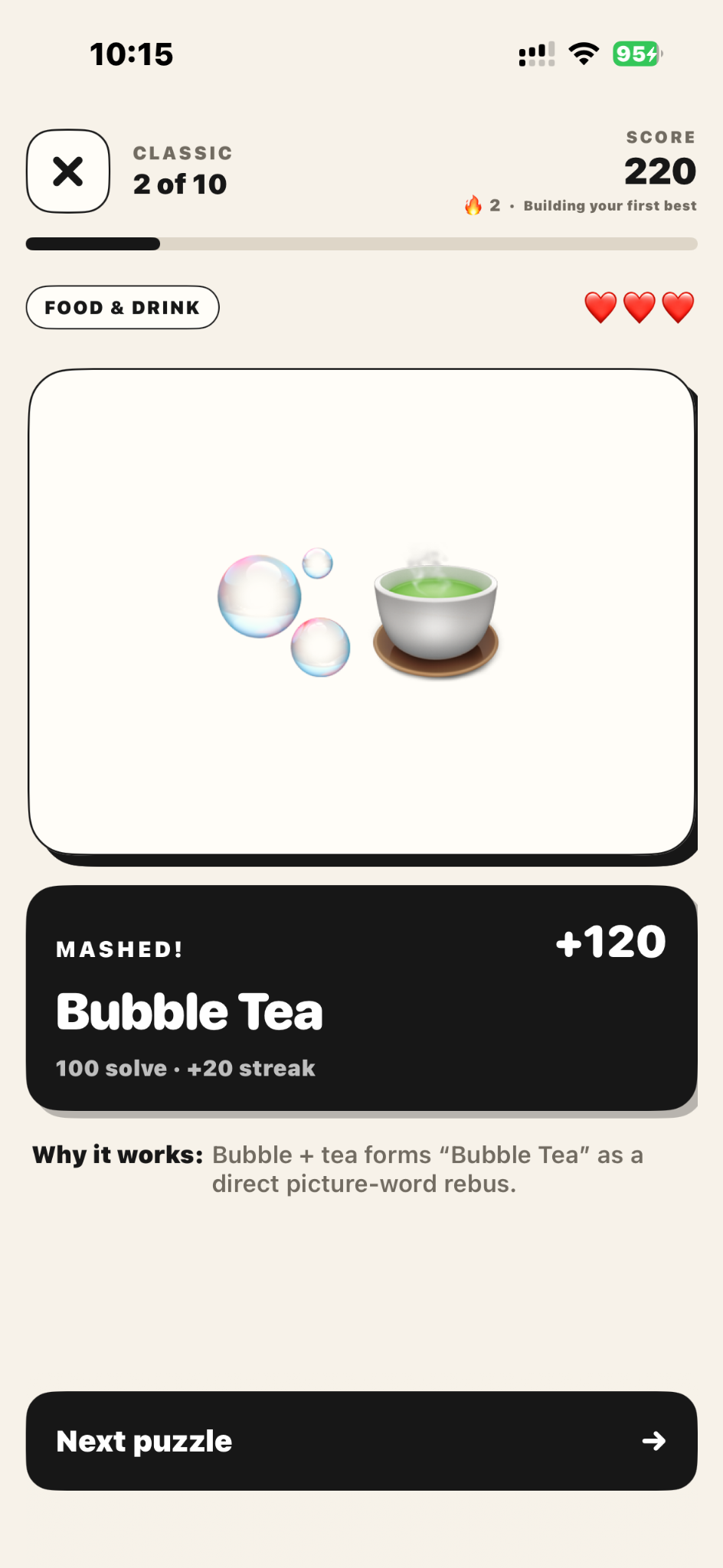 Emoji Mash Classic mode showing a solved Bubble Tea emoji clue